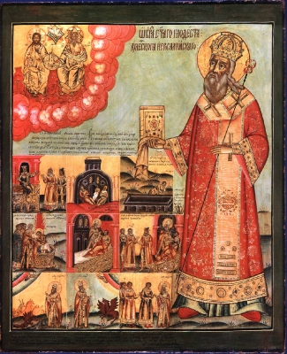 Икона Святой Модест патриарх Иерусалимский, с 9 клеймами жития  18 век