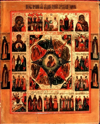 Икона Богоматерь Неопалимая Купина, с дургими образами Богоматери, праздниками и святыми  19 век