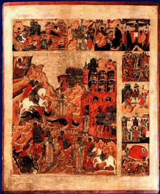 Икона Чудо святого Георгия о змие, с 9 клеймами праздников  16 век