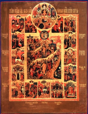 Икона Воскресение Христово, со сценой Единородный Сыне и с праздниками в 12   клеймах  19 век