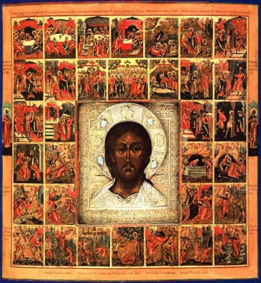Икона Спас оплечный (в окладе), в раме с 33 клеймами Господских и апостольских страстей
