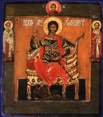 Икона Святой великомученик Никита на престоле, со святыми на полях
