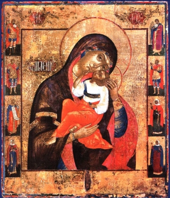 Икона Богоматерь Умиление типа Яхромской, со святыми на полях