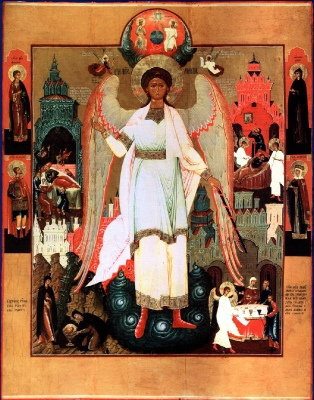 Икона Ангел Хранитель, со сценами сказания и сценой Обретения главы Иоанна Предтечи